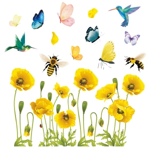 Wandsticker mit gelben Mohnblumen, Bienen und bunten Schmetterlingen für Deko