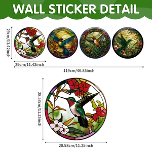 Detailed dimensions of four 11.4 inch stained glass style hummingbird window stickers