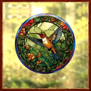 Vibrant 3D hummingbird suncatcher sticker with floral glass design on sunlit window
