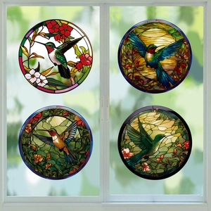 3D hummingbird stained glass window decals, 4-piece set of anti-collision PVC bird stickers