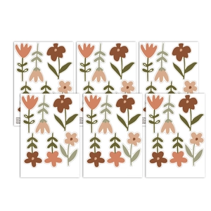 6-sheet set of hand-drawn bohemian floral wall stickers in earthy tones for nursery decor
