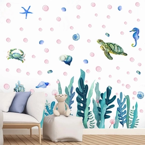 Nursery ocean wall decals with watercolor sea turtles, seahorses and marine life stickers