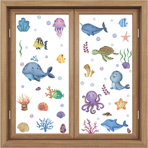 Cartoon Ocean Animal Wall Stickers PVC Waterproof Watercolor Sea Turtle Whale Jellyfish Decals For Kids Room Nursery Decor