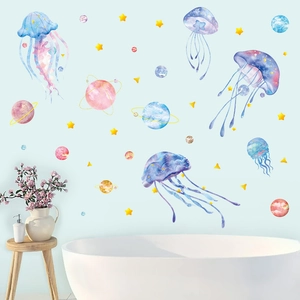 Self-adhesive watercolor jellyfish wall stickers with planets for kids room decoration