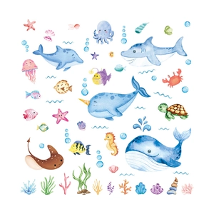 Bohemian watercolor ocean animals wall decals featuring whales and turtles for nursery
