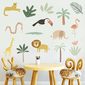 Adesivi murali animali della giungla con leone e giraffa in colori Morandi per bambini