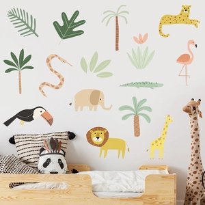 Adesivi murali animali della giungla con leoni, elefanti e giraffe in colori tenui
