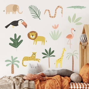Adesivi Murali Animali della Giungla in PVC Impermeabile Piante Tropicali per Cameretta Bambini Camera da Letto Asilo Decorazione Casa