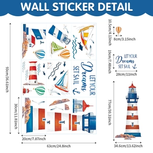Dimensions détaillées du sticker mural nautique avec phare et voiliers décoratifs
