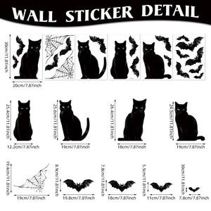 Dimensions détaillées des autocollants d'Halloween avec chats noirs et chauves-souris
