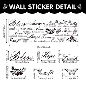 Detail view of butterfly wall stickers with motivational quotes and dimensions