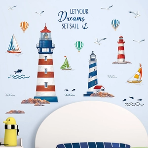 Stickers muraux phares et voiliers avec mouettes pour décoration nautique de chambre