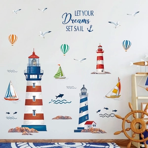 Stickers muraux phares et voiliers avec citation de rêve pour décoration de chambre enfant