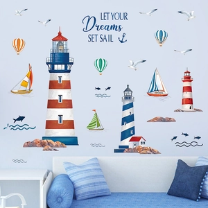 Stickers Muraux Nautiques Phare et Bateau à Voile en PVC Océan Mouette Montgolfière Décalcomanies Décoratives pour Chambre d'Enfant