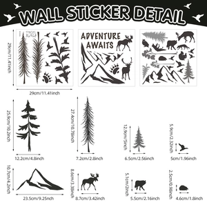 Dimensions détaillées des stickers muraux forêt avec montagnes, arbres et animaux