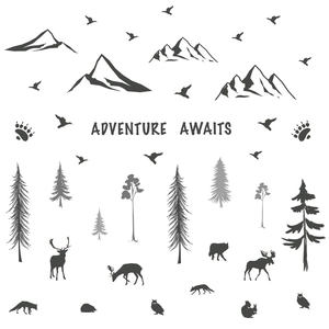 Stickers muraux montagnes forêt avec animaux et citation Adventure Awaits décor
