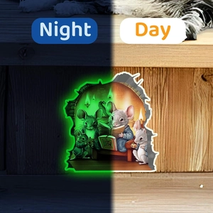 3D cartoon cheese mouse hole wall sticker with night glow effect in day and night view