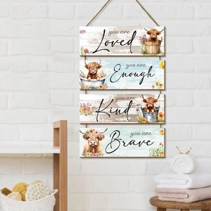 Rustic Highland Cow wooden hanging wall decor with motivational quotes and jute rope