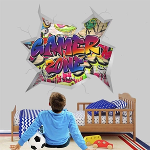 3D Broken Wall Gamer Zone Graffiti Wall Sticker Game Room E-sports Bedroom Decoration Self Adhesive PVC Gaming Theme Mural Poster