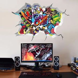 3D Game Over wall sticker with realistic broken wall effect for gaming room decor