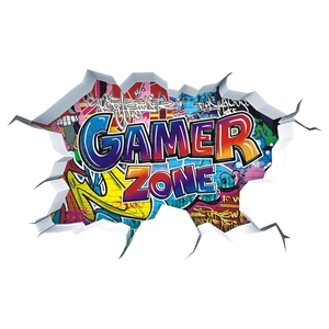 3D gamer zone wall decal with colorful graffiti effect bursting through the white wall