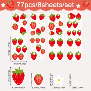 Detailed size chart for strawberry wall stickers set including fruits and flowers