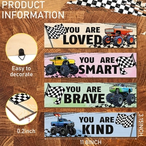 Detail von Kinderzimmer-Holzschildern mit Monster Truck-Motiv, Metallhaken und Maßen