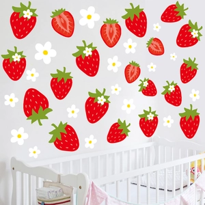 Creative strawberry wall decals featuring red fruit and white flowers for nursery decor