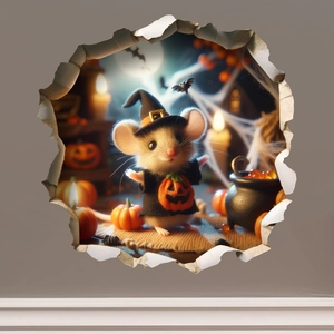 Detailed 3D wall sticker featuring a cute mouse in a witch hat for Halloween decor