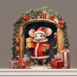 Detailed 3D Christmas mouse hole wall sticker with cute cartoon mouse and gift boxes