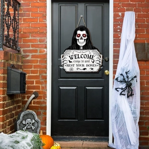 Plaque de Porte Squelette Halloween Welcome Come In And Rest Your Bones Décoration Murale en Bois Faucheuse Fantôme Fête