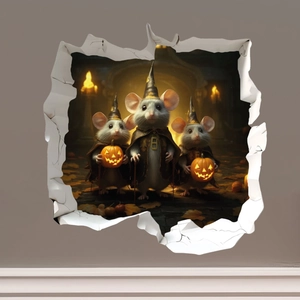 3D Halloween mouse hole wall sticker with cute wizard mice and glowing pumpkins