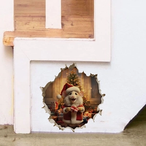 3D Christmas mouse hole wall sticker with cartoon mouse in red suit and gift