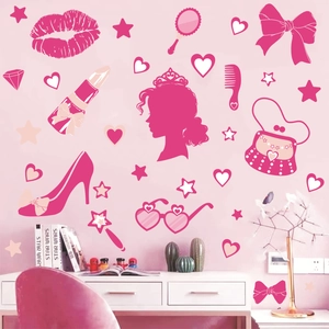 Stickers muraux roses style Barbie avec couronne et chaussures pour chambre de fille