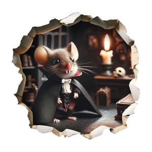 3D Halloween wall sticker featuring a cute vampire mouse in a realistic broken wall hole