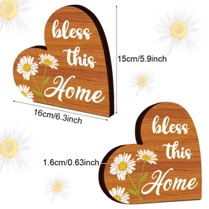Sunflower daisy heart-shaped wooden plaque ornament with 'Bless this Home' text
