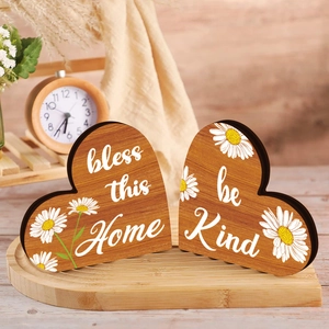 Set of 2 heart-shaped wooden signs with bless this Home and be Kind floral prints