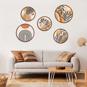 Boho Wooden Wall Art Decor Set Geometric Botanical Abstract Round Hanging Pictures For Living Room Farmhouse Wall Murals