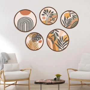 5-piece bohemian wall art set with geometric patterns and wooden frames for modern home decor