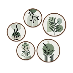 5-piece set of Nordic boho wood wall art with green geometric leaves for home decor