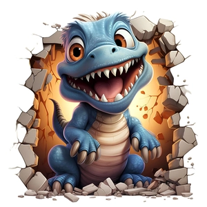 Detail of 3D blue cartoon dinosaur breaking through wall for kids bedroom decor