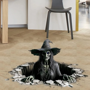 Sticker mural 3D Halloween avec une sorcière sortant d'un trou pour décoration de fête