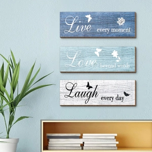 Three-piece modern farmhouse wooden wall art set with inspirational quotes and nature motifs