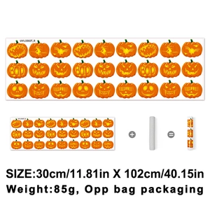 Detail of Halloween pumpkin wall decals showing 30x102cm size and secure roll packaging