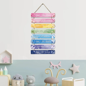 Rainbow hanging wooden motivational wall sign with 8 colorful boards and butterflies