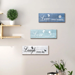 Set of 3 rustic wood wall plaques with inspirational quotes and butterfly flower designs