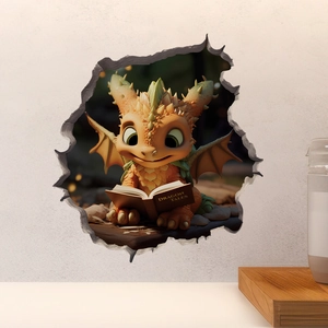 3D cracked wall decal featuring a cute cartoon dragon reading a book for home decoration
