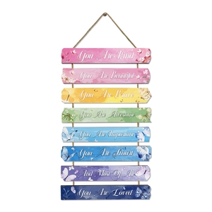 Rainbow motivational wooden wall hanging with 8 slats and positive quotes for bedroom decor