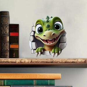 3D cute green baby dinosaur breaking through wall sticker for kids room decor