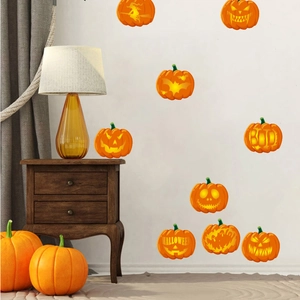 Orange Halloween pumpkin wall decals featuring Boo and Halloween text for home decoration